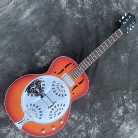 2023 Top Quality Metal Top Double F Top Red Back 6 Strings Dobro Resonator Steel Electric Guitar