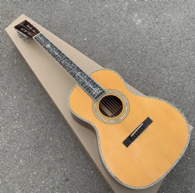 Custom 39 Inch Yellow Painting Solid Spruce Top OOO Type Acoustic Guitar Abalone Flowers Inlays Ebony Fingerboard