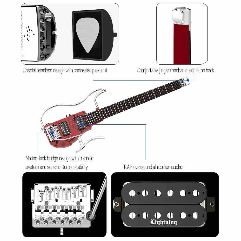 Headless Electric Guitar Double Humbucker Builtin Guitar Effect Ebony