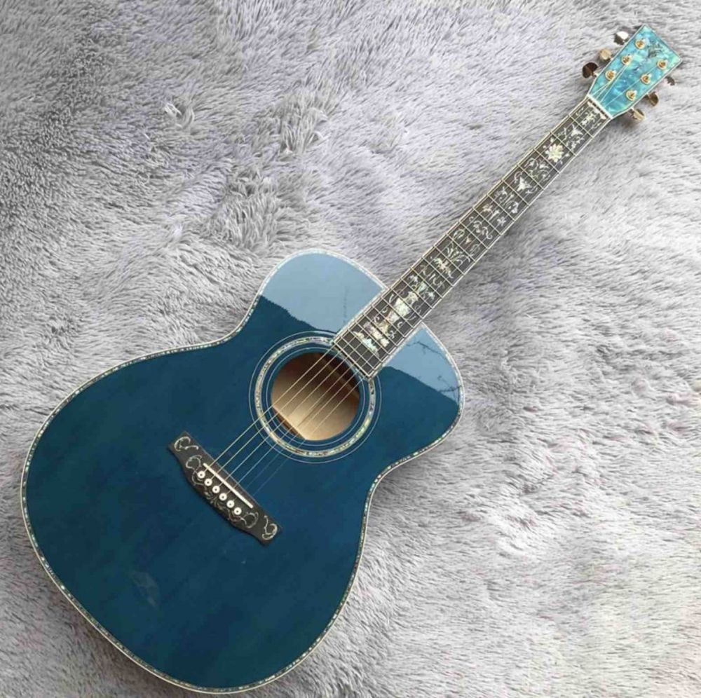 Real Abalone Inlays Ebony Fingerboard OM Style Solid Spruce Burst Maple Acoustic Electric Guitar