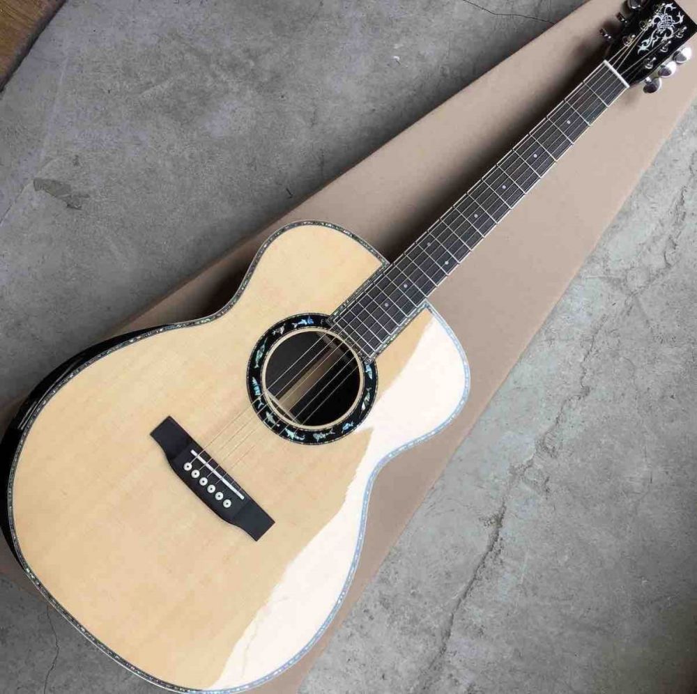 2020 New Real Abalone Aaaa All Solid Spruce Round Body Maple Binding Acoustic Guitar