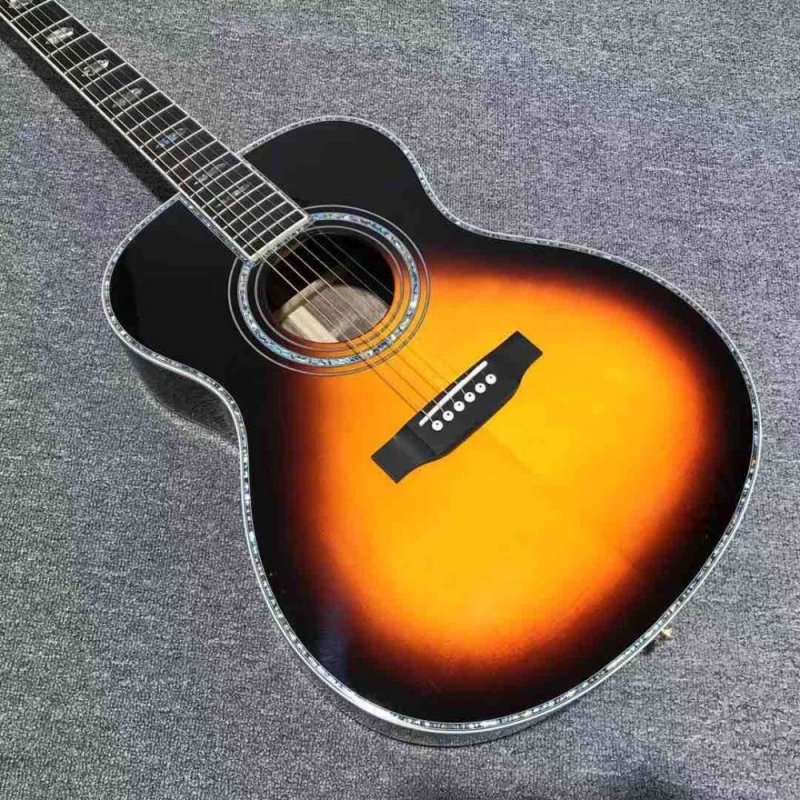 Custom Solid Spruce Wood OM45 Round Body Ebony Fingerboard Abalone Binding Acoustic Guitar in Sunburst