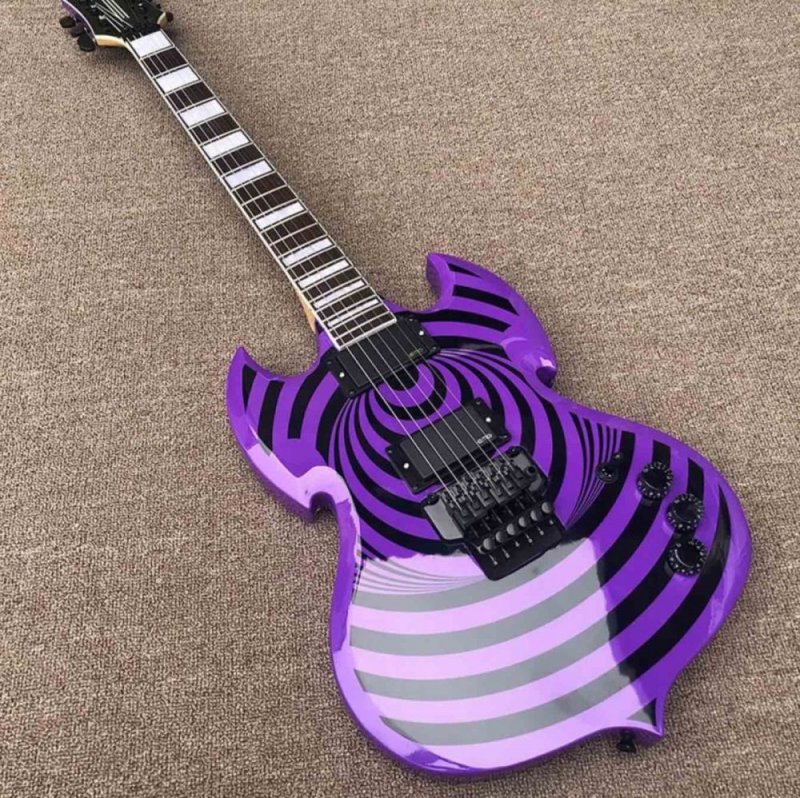 Custom Irregular Shape Circle Black Veneer Electric Guitar in Purple Painting Color