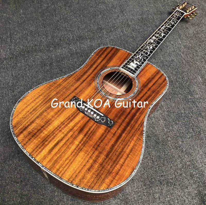 Custom Grand KOA Acoustic Guitar All Koa Wood Top Back Sides OOO 39 Inch Body Open Tuner Ebony Bridge Bone Nut