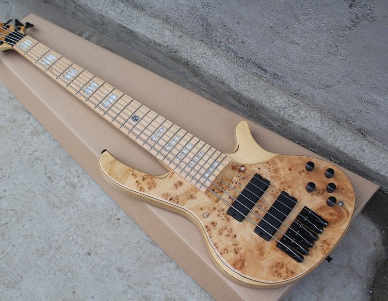 Custom 6 Strings Natural Wood Color Electric Bass Guitar with White Pearl Inlays