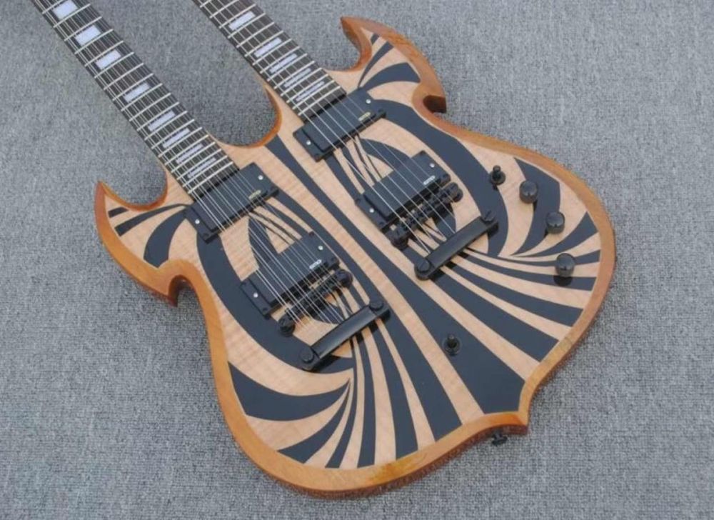 Custom Double Neck Headstock Zakk Wylde Audio Barbarian 12 & 6 strings in Matte Black Behemoth SG Electric Guitar EMG Pickups, Black Hardware