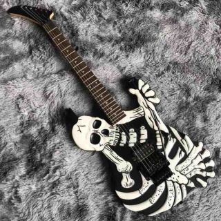 Guitar Black Skull Bones Carved Body Guitar Electric 6 Strings