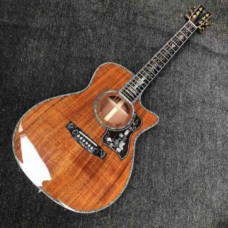 Custom Solid KOA Wood Top OM Body Shape Life Tree Inlay Acoustic Guitar Wood Pickguard