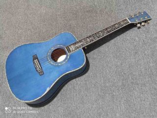 Custom Grand Solid Spruce Top D Shape Acoustic Guitar in Blue Color Veneer Maple Back Side