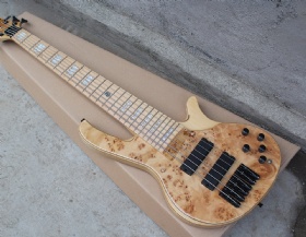 Custom 6 Strings Natural Wood Color Electric Bass Guitar with White Pearl Inlays