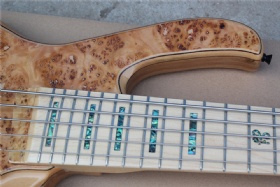 Custom 6 Strings Natural Wood Color Electric Bass Guitar with White Pearl Inlays