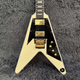 Custom Grand Flying-V Style Electric Guitar Cream Yellow Color Rosewood Fingerboard Golden Hardware Floyd Rose Tremolo Bridge