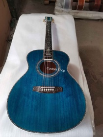 Custom 14 Frets Scalloped X Shaped Bracing OM Body Water Wave Top Full Abalone OM-45 Blue Quilted Figured Maple Acoustic Guitar