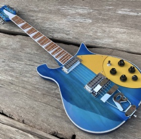 Custom Neck Through Body 660 Electric Guitar, 12 Strings Blue Guitar, Gold Pickguard, R Shape Bridge, Herringbone Binding