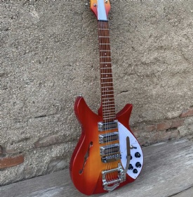 Custom 325 Cherry Burst Ricken Style Electric Guitar, Tremolo System Bridge, F-hole Semi Hollow Body, 3 Mini Humbucker Pickups, 20.75