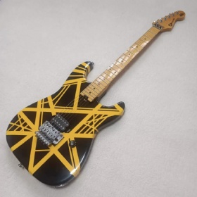 Custom EVH 5150 Style Electric Guitar, Yellow stripes, lock nut, Floyd Rose Tremolo Bridge black guitar