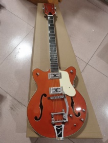 Custom Gretsch Style Swiss Orange Red Electric Guitar, White Electronic Hardware, Body Semi-Hollow, Double F-Holes, High-Grade Bridge, Accept Guitar OEM