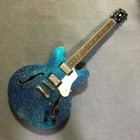 Stock GB Electric Guitar, Custom Gibson 335 Semi Hollow Body Style Jazz Electric Guitar with Metal Blue Finishing