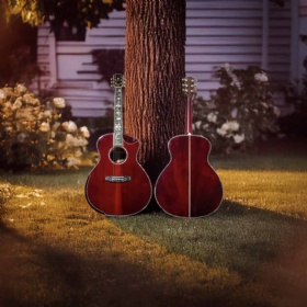 Custom Beveling Body Acoustic Guitar, Solid Koa Back Side in Cherry Red Matte Finish Neck