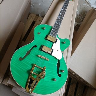 Custom 6 Strings Green Color Semi-hollow Flame Maple Veneer Electric Guitar Rosewood Fretboard
