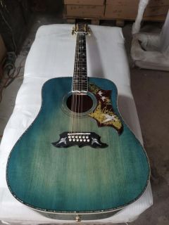 Custom Deluxe AAAA All Solid Acoustic Guitar Birds in flight Viper Blue Green 12 Strings Dreadnought Guitar